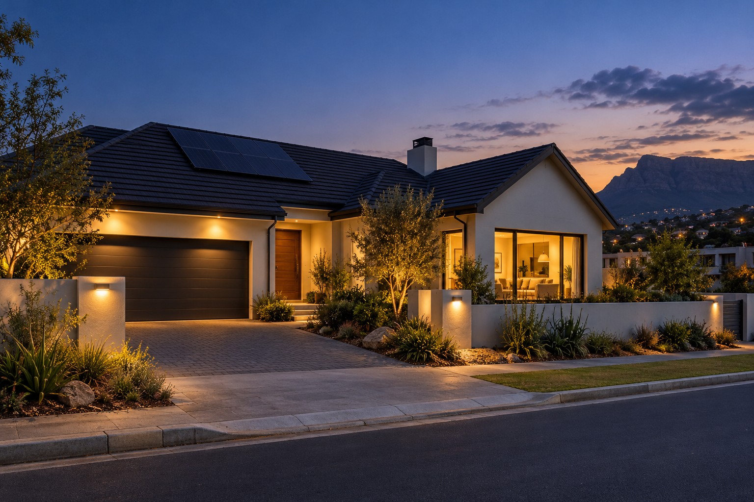 Illustrative modern home at dusk, with warm lighting and rooftop solar panels